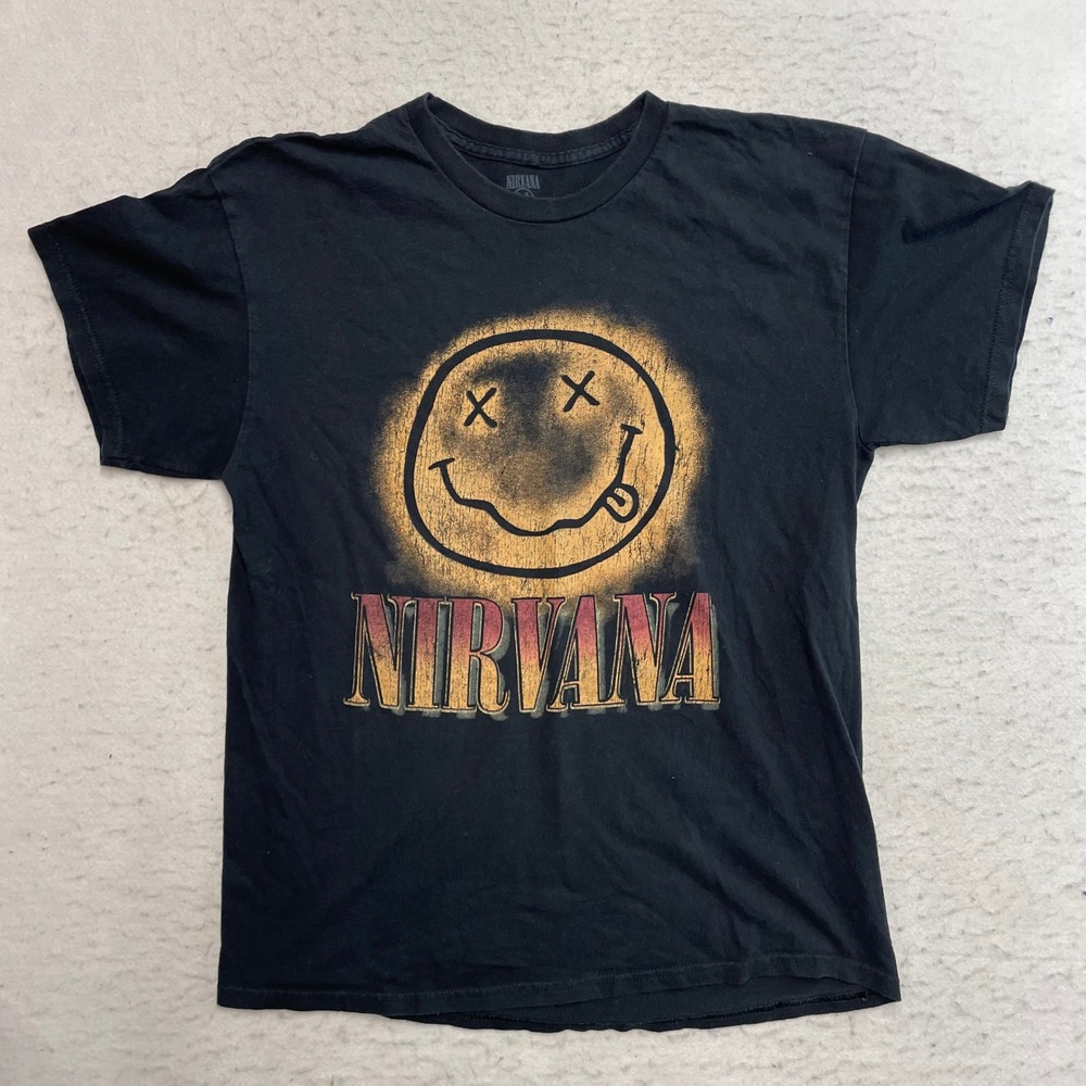 Nirvana Graphic T-Shirt Mens Large Black Smiley Face Band Tee